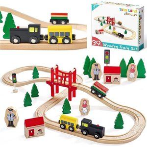 Wooden Train Set for Toddler - 39 Pcs- with Wooden Tracks fits Thomas, fits Brio